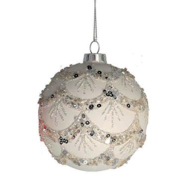 Pallina Natale Vetro cm.Ø8 Bianca con Paillettes e Perline |Vacchetti