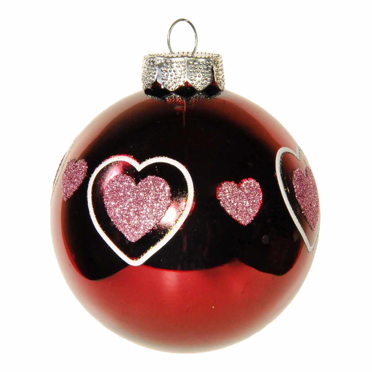 Pallina Natale Vetro cm.Ø8 Rosso Amaranto Lucido con Cuori |Inge's Glass