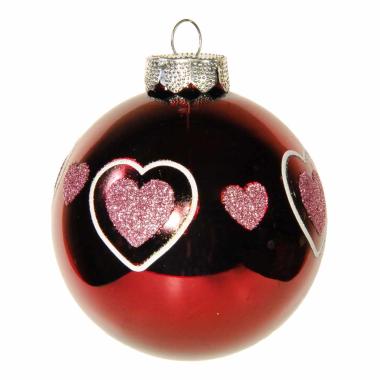 Pallina Natale Vetro cm.Ø8 Rosso Amaranto Lucido con Cuori |Inge's Glass