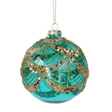 Pallina Natale Vetro cm.Ø8 Verde con Perline Paillettes |Vacchetti