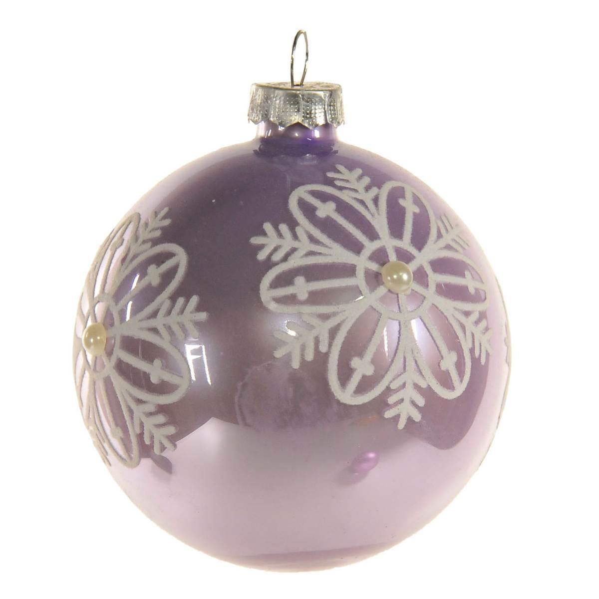 Pallina Natale Vetro cm.Ø8 Lilla Lucido con Fiori Glitter |Inge's Glass