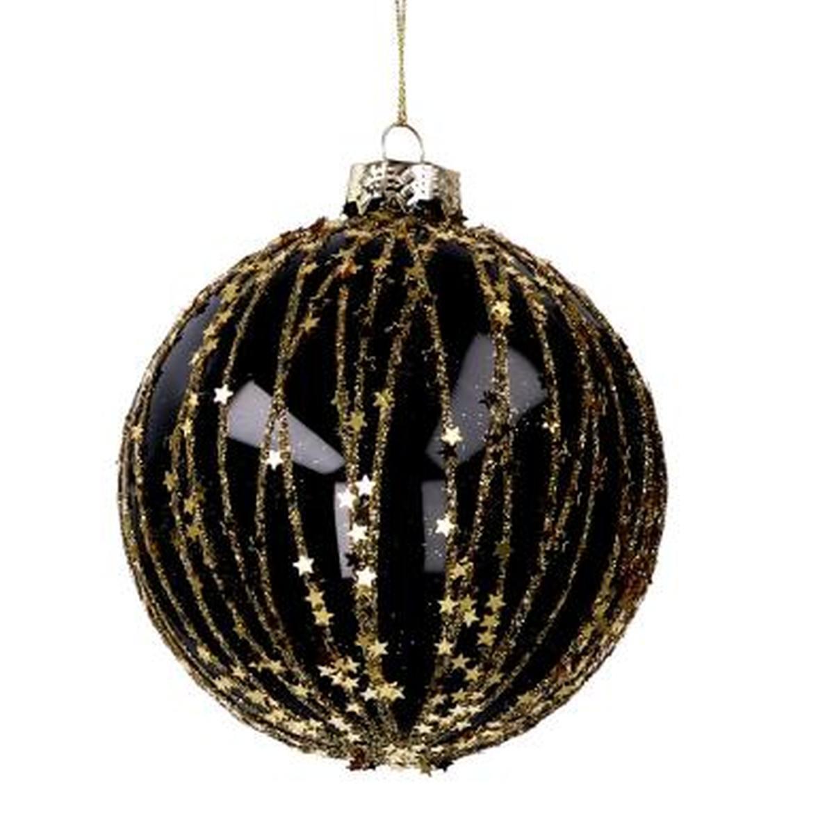 Pallina Natale Vetro cm.Ø8 Nera con Glitter e Stelle Oro |Vacchetti