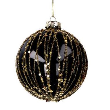 Pallina Natale Vetro cm.Ø8 Nera con Glitter e Stelle Oro |Vacchetti