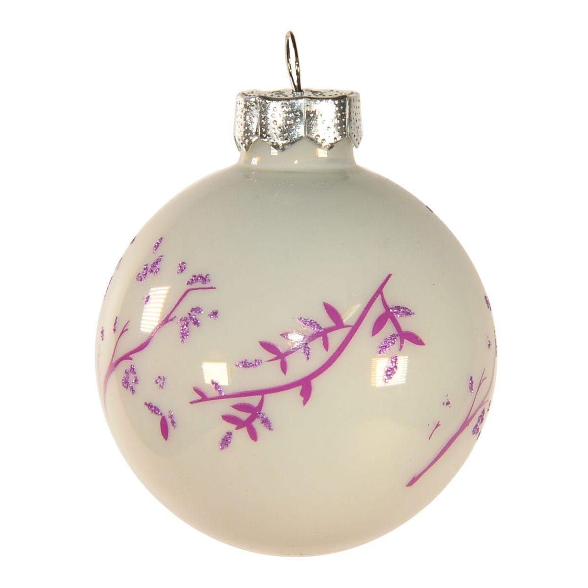 Pallina Natale Vetro cm.Ø6 Bianca con Decori Lilla |Inge's Glass