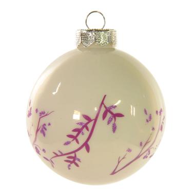 Pallina Natale Vetro cm.Ø8 Bianca con Decori Lilla |Inge's Glass