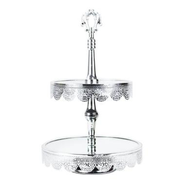 Centrotavola Alzata Metallo 2 Piani Argento con Specchio cm.Ø25x40 | Silani