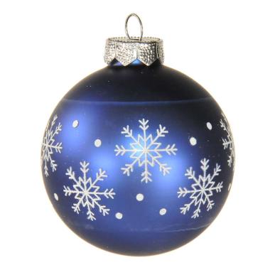Pallina Natale Vetro cm.Ø8 Blu Opaca con Fiocchi Neve |Inge's Glass