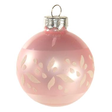 Pallina Natale Vetro cm.Ø6 Rosa Lucido con Fiori Glitter |Inge's Glass