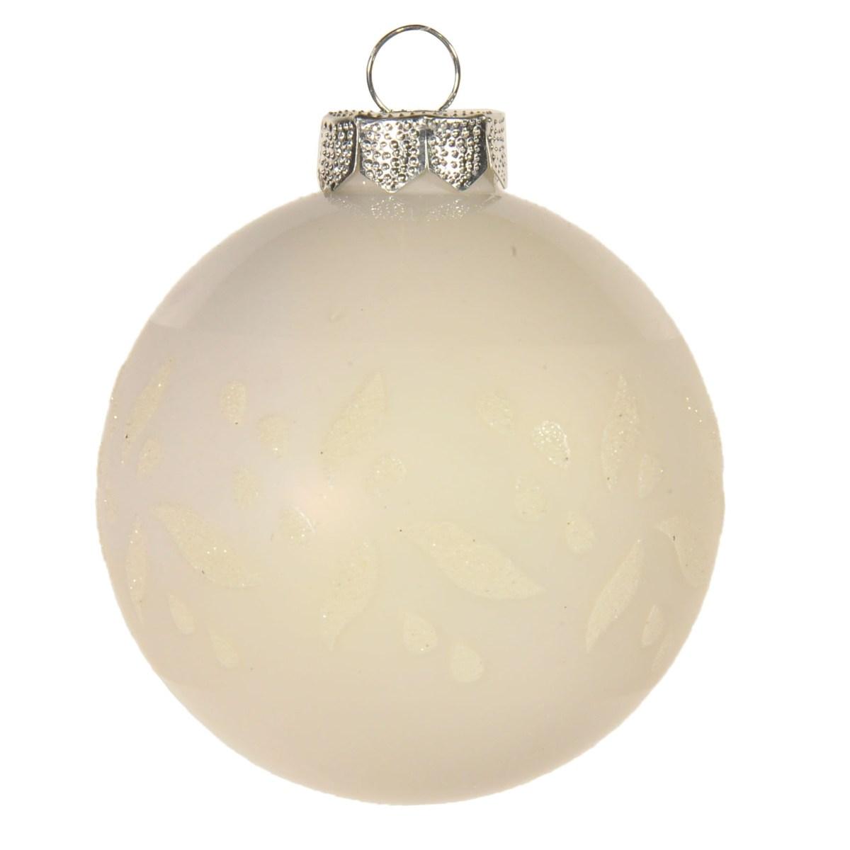 Pallina Natale Vetro cm.Ø8 Bianco Opaco con Fiori Glitter |Inge's Glass