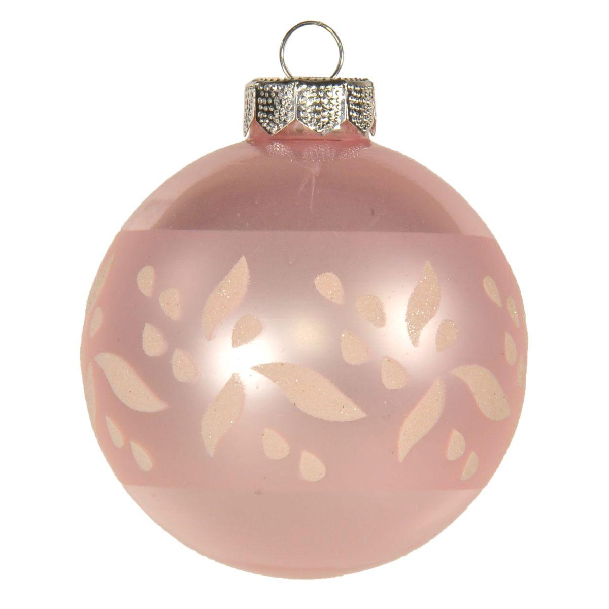 Pallina Natale Vetro cm.Ø8 Rosa Lucido con Fiori Glitter |Inge's Glass