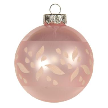 Pallina Natale Vetro cm.Ø8 Rosa Lucido con Fiori Glitter |Inge's Glass