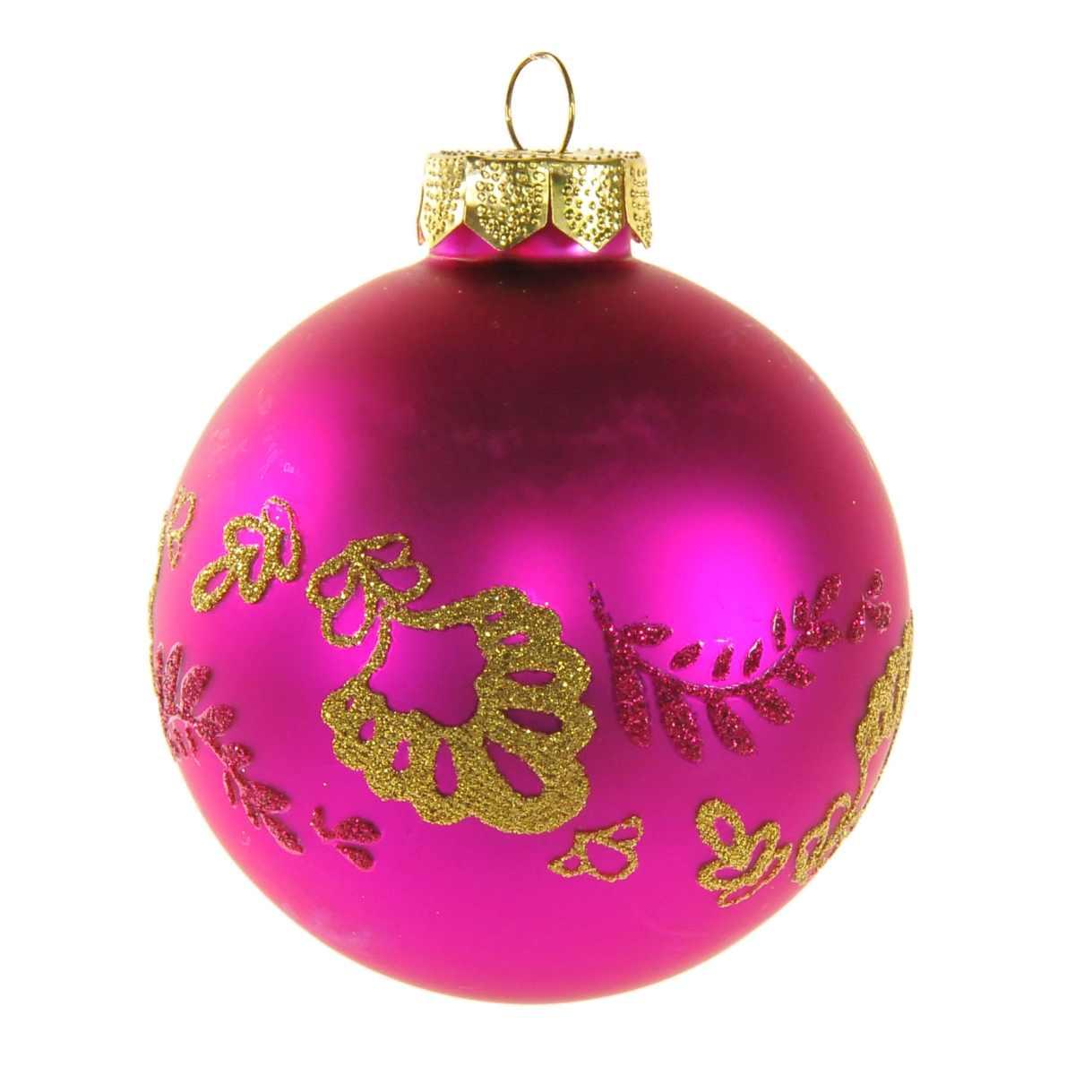 Pallina Natale Vetro cm.Ø8 Fucsia con Glitter Oro |Inge's Glass