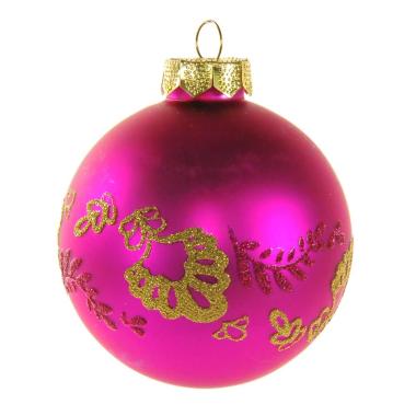 Pallina Natale Vetro cm.Ø8 Fucsia con Glitter Oro |Inge's Glass