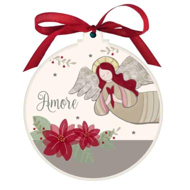 Pallina Natale Legno con Angelo Amore cm.Ø10,5x1,2 |Angolo Idee