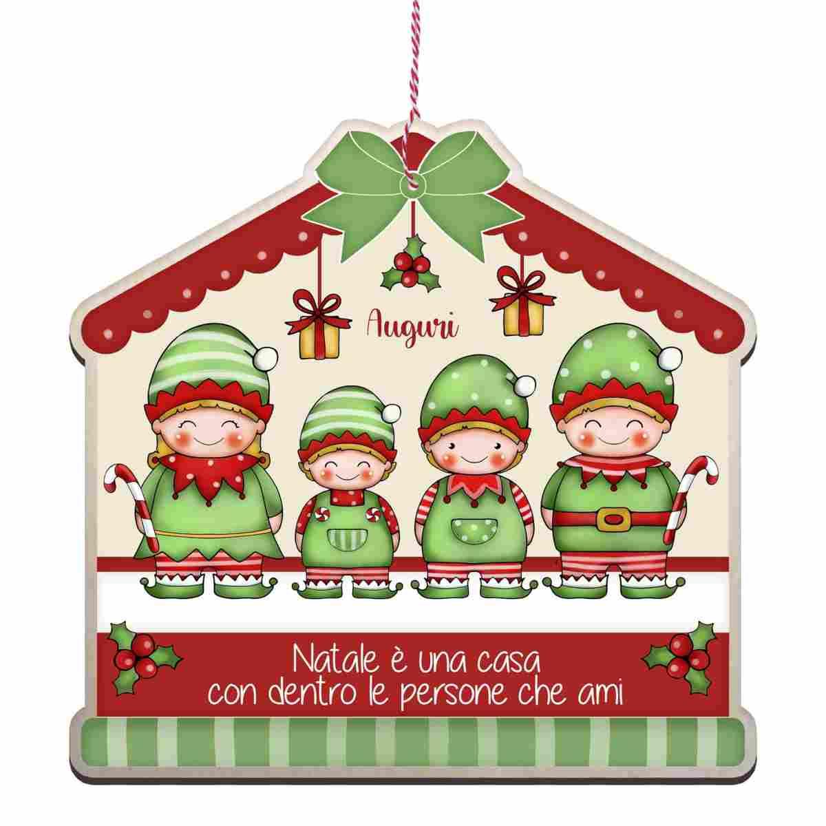 Targa Natalizia Legno Auguri con 4 Elfi cm.25x24 |Angolo Idee