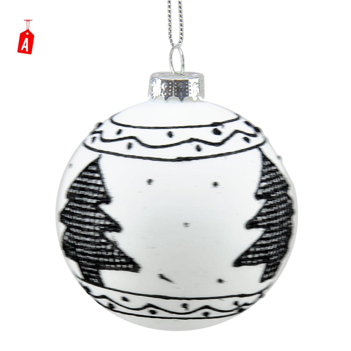 Pallina Natale Vetro cm.Ø8 Bianca con Decori Neri 2 Modelli |Universl