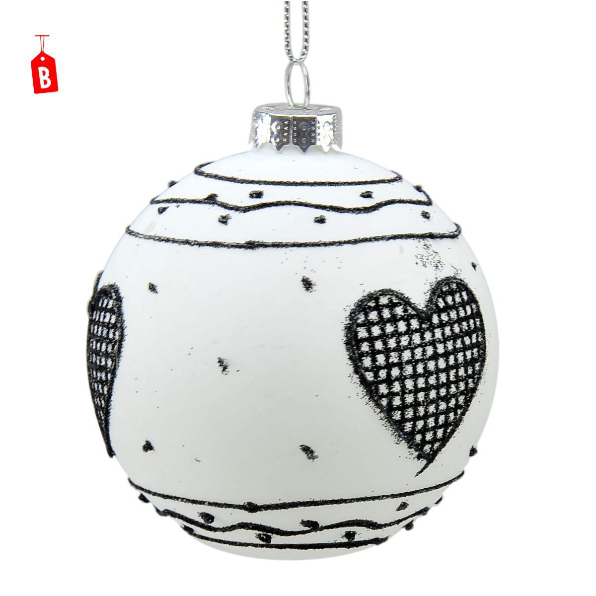Pallina Natale Vetro cm.Ø8 Bianca con Decori Neri 2 Modelli |Universl