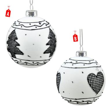 Pallina Natale Vetro cm.Ø8 Bianca con Decori Neri 2 Modelli |Universl