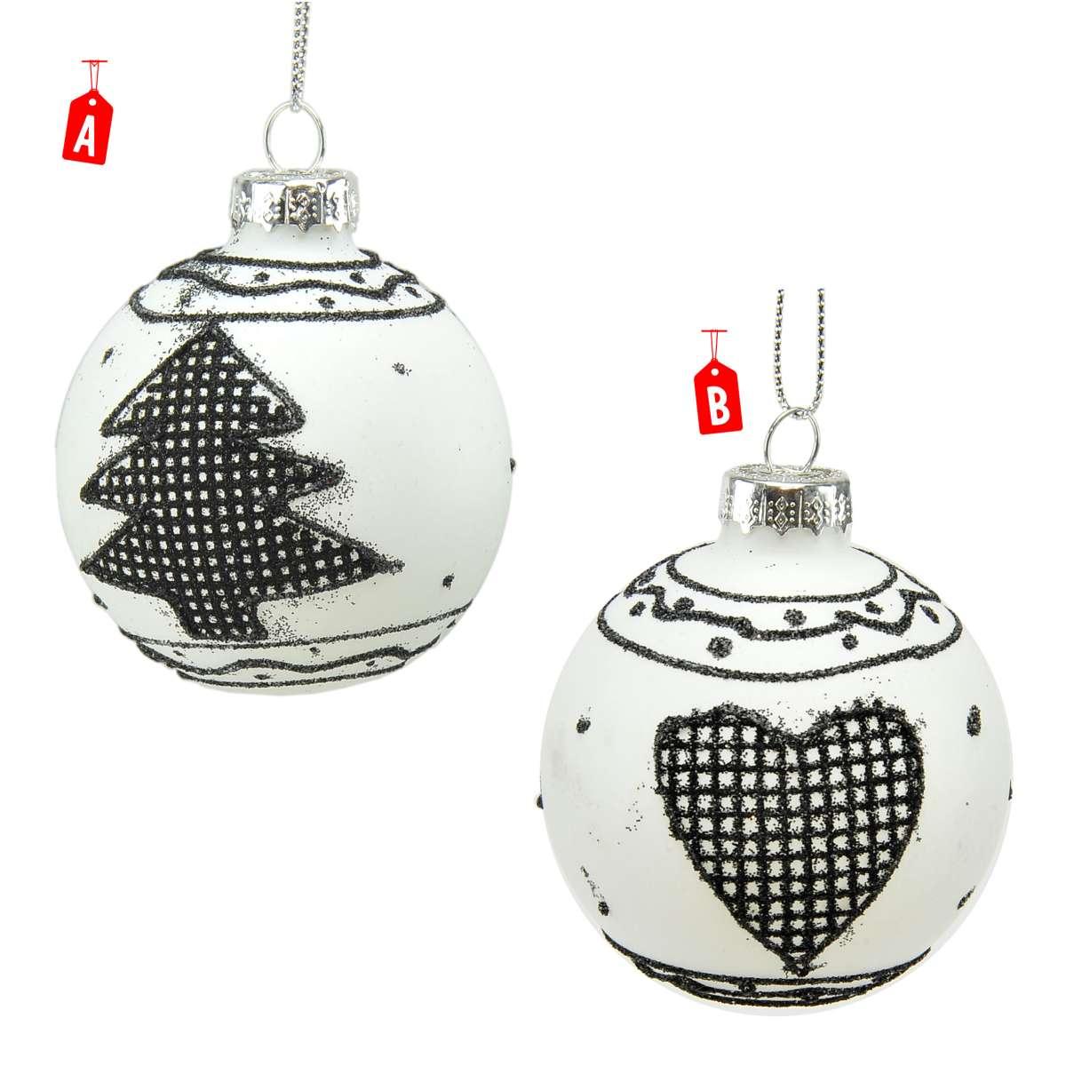 Pallina Natale Vetro cm.Ø6 Bianca con Decori Neri 2 Modelli |Universl