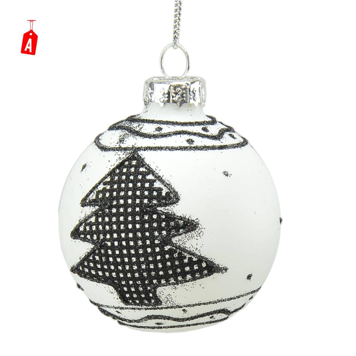 Pallina Natale Vetro cm.Ø6 Bianca con Decori Neri 2 Modelli |Universl