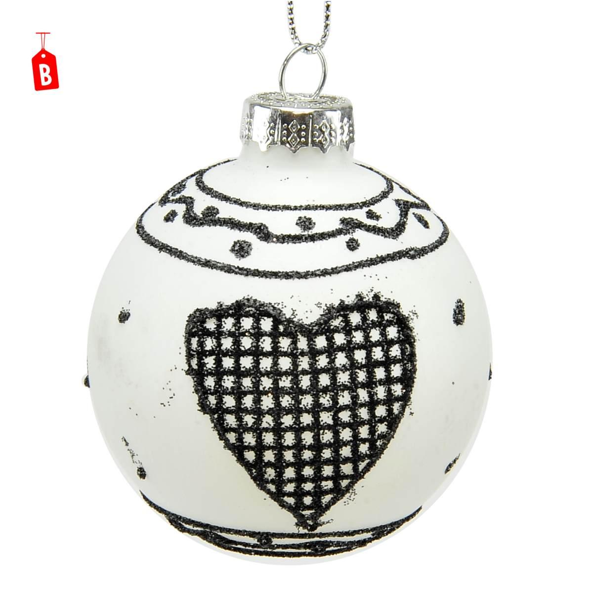 Pallina Natale Vetro cm.Ø6 Bianca con Decori Neri 2 Modelli |Universl