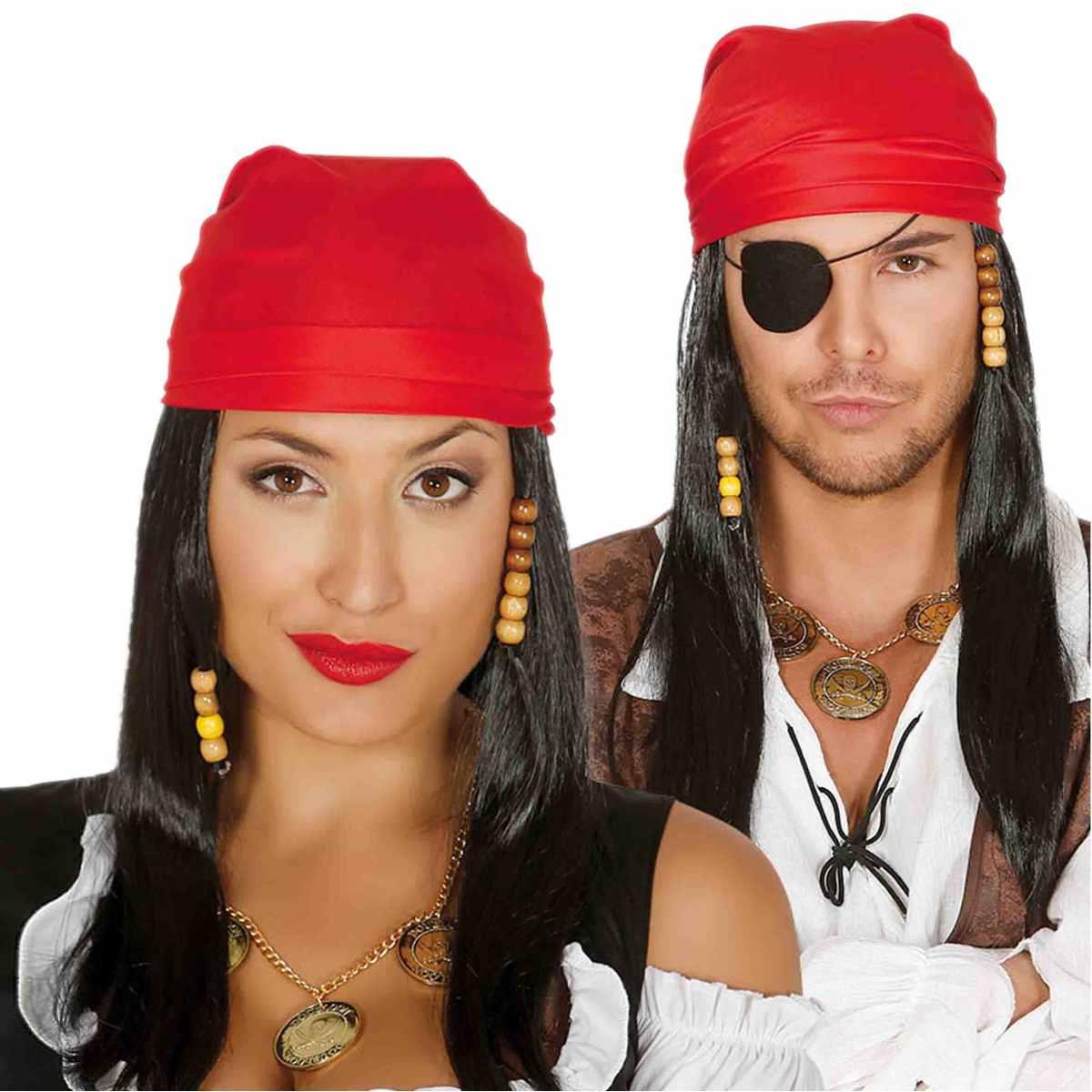 Parrucca Pirata Nera Liscia Con Bandana Rossa |Guirca