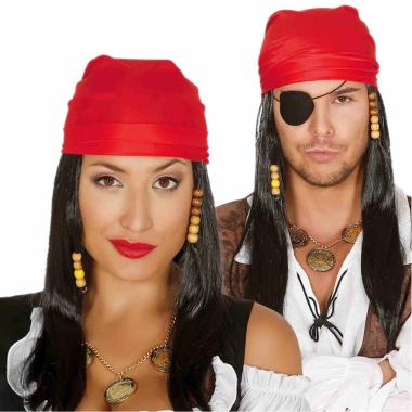 Parrucca Pirata Nera Liscia Con Bandana Rossa |Guirca