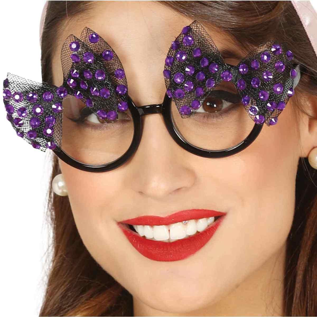 Occhiali Anni '50 Con Brillantini Viola E Fiocchi |Guirca