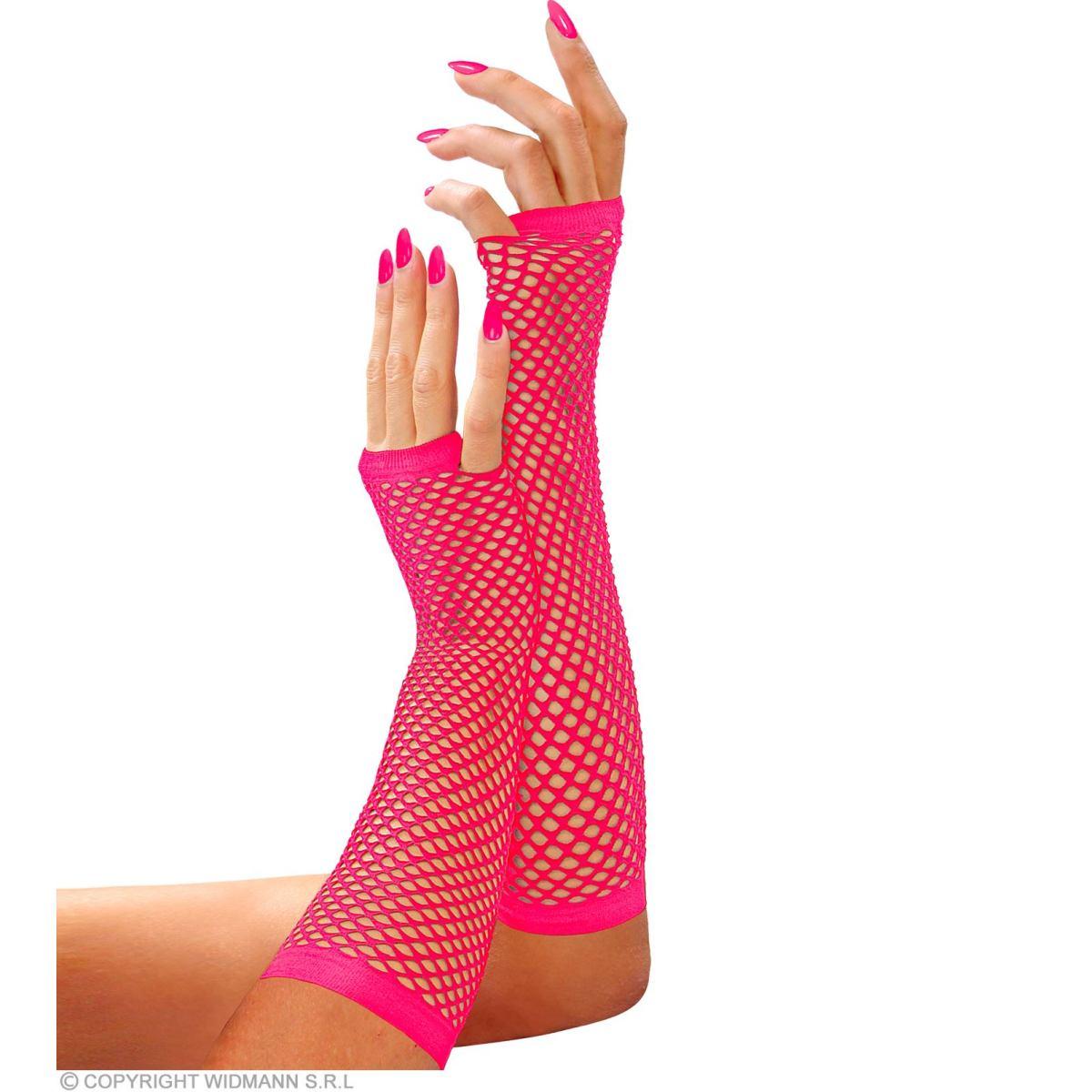 Guanti Lunghi Rete Rosa Fluo Senza Dita cm.33 |Widmann