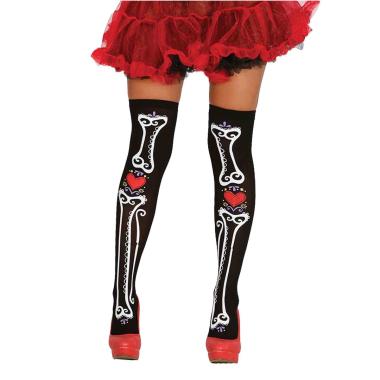 Collant Autoreggenti Halloween Nere Con Ossa E Cuori |Guirca