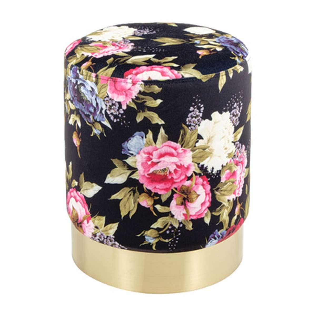 Pouf Velluto Tondo Nero con Fiori cm.Ø35x42 | Montemaggi