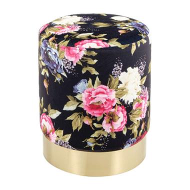 Pouf Velluto Tondo Nero con Fiori cm.Ø35x42 | Montemaggi