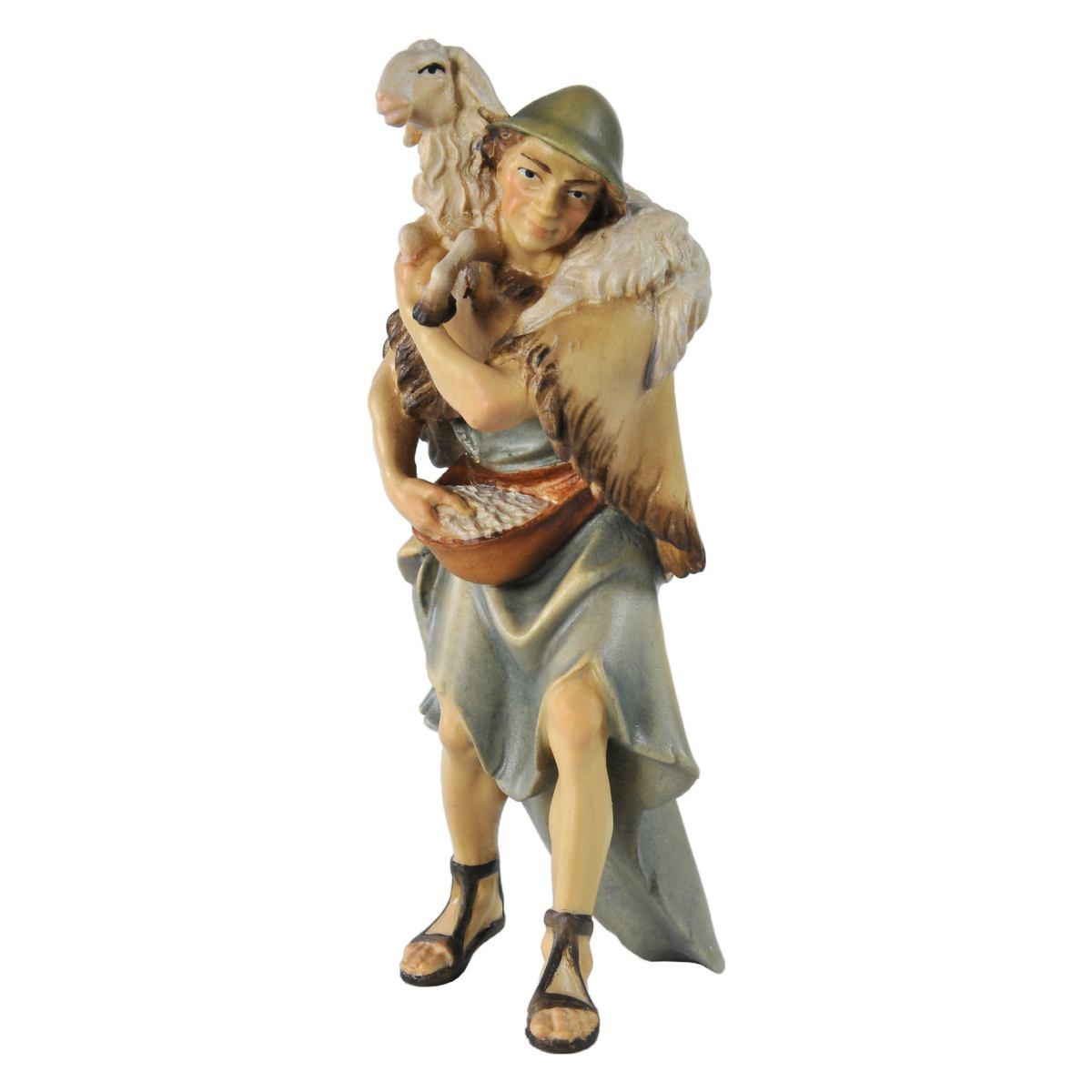Statua cm.15 Scultura in Legno Pastore con Pecora sulle Spalle | Ulpe