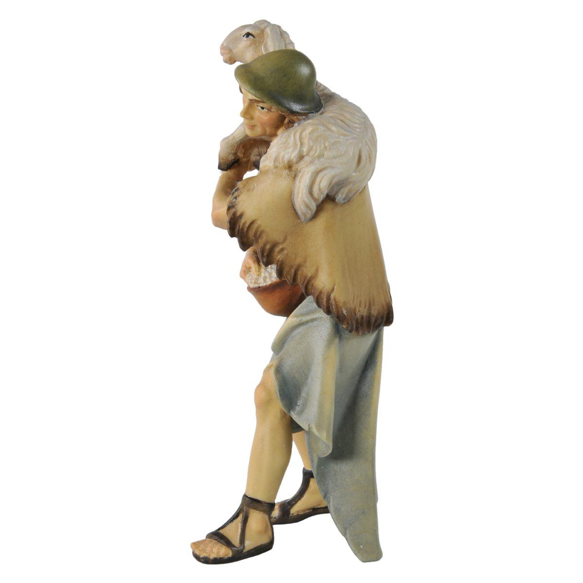 Statua cm.15 Scultura in Legno Pastore con Pecora sulle Spalle | Ulpe