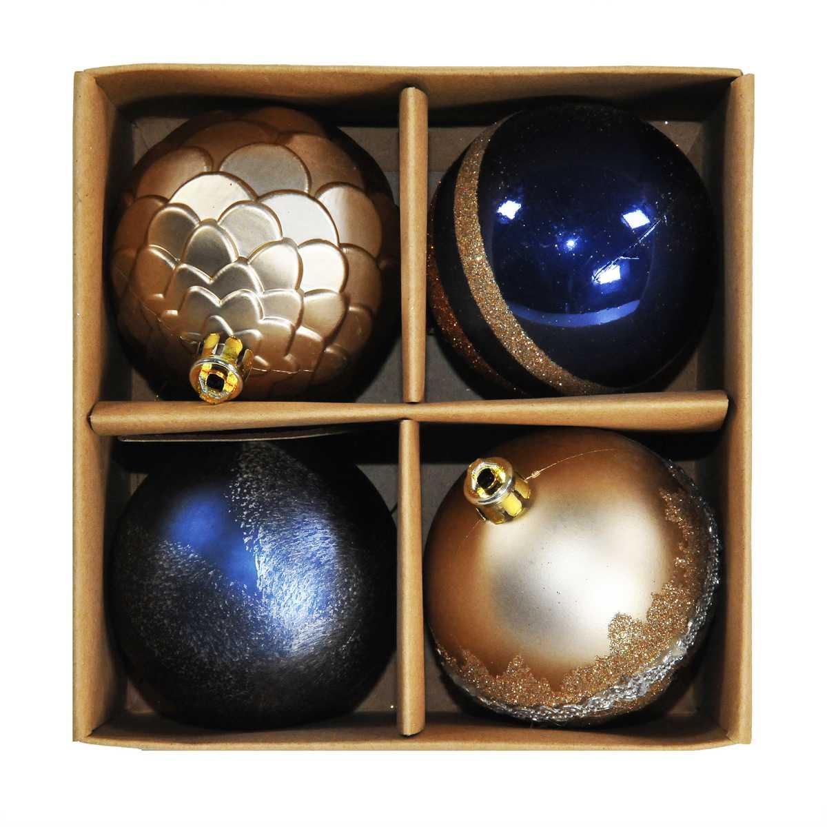 Pallina Natale Vetro cm.Ø6 Oro/Blu Glitter Set pz.4 |Mazzeo