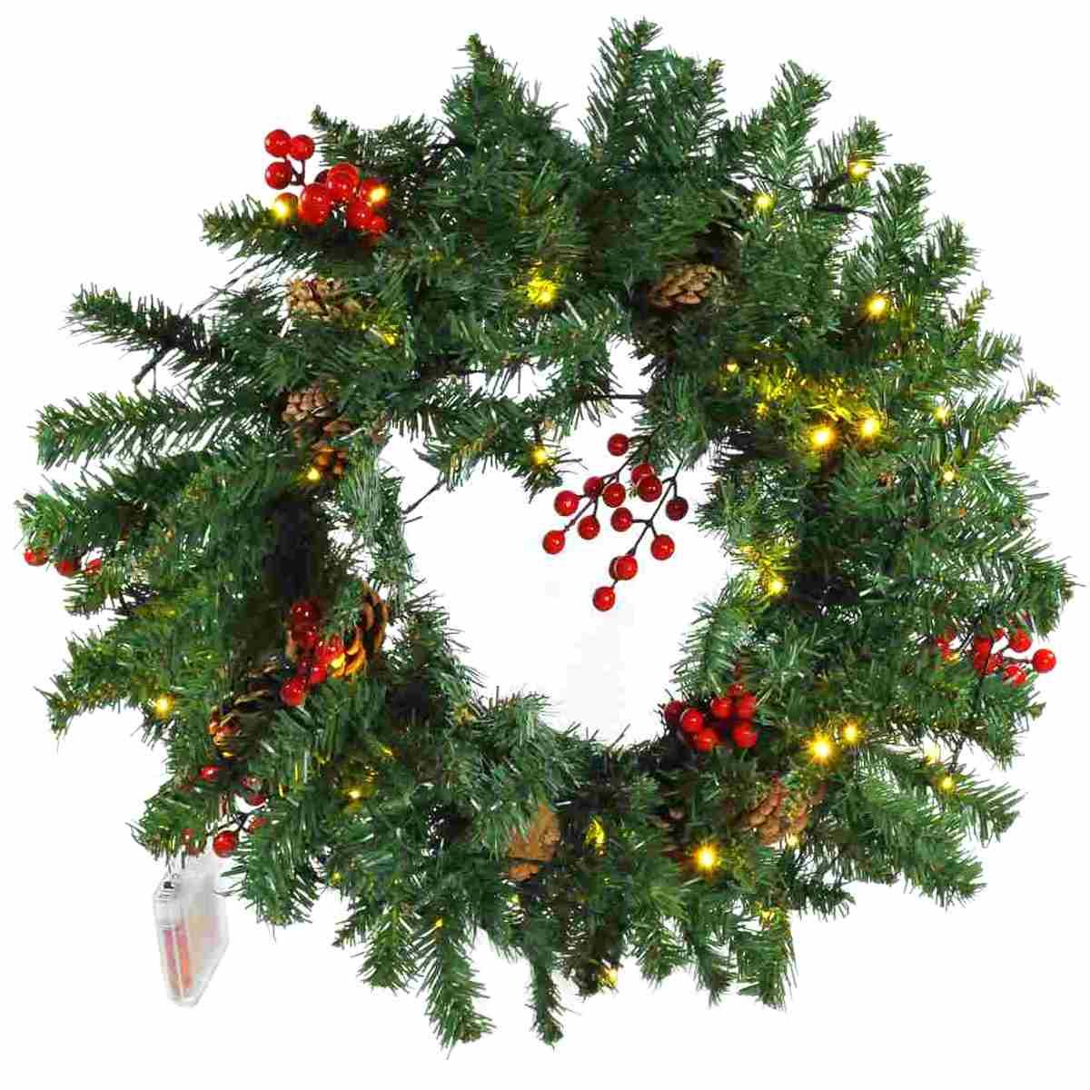 Ghirlanda cm.Ø50 Verde con Bacche Rosse con LED Batteria |Mazzeo