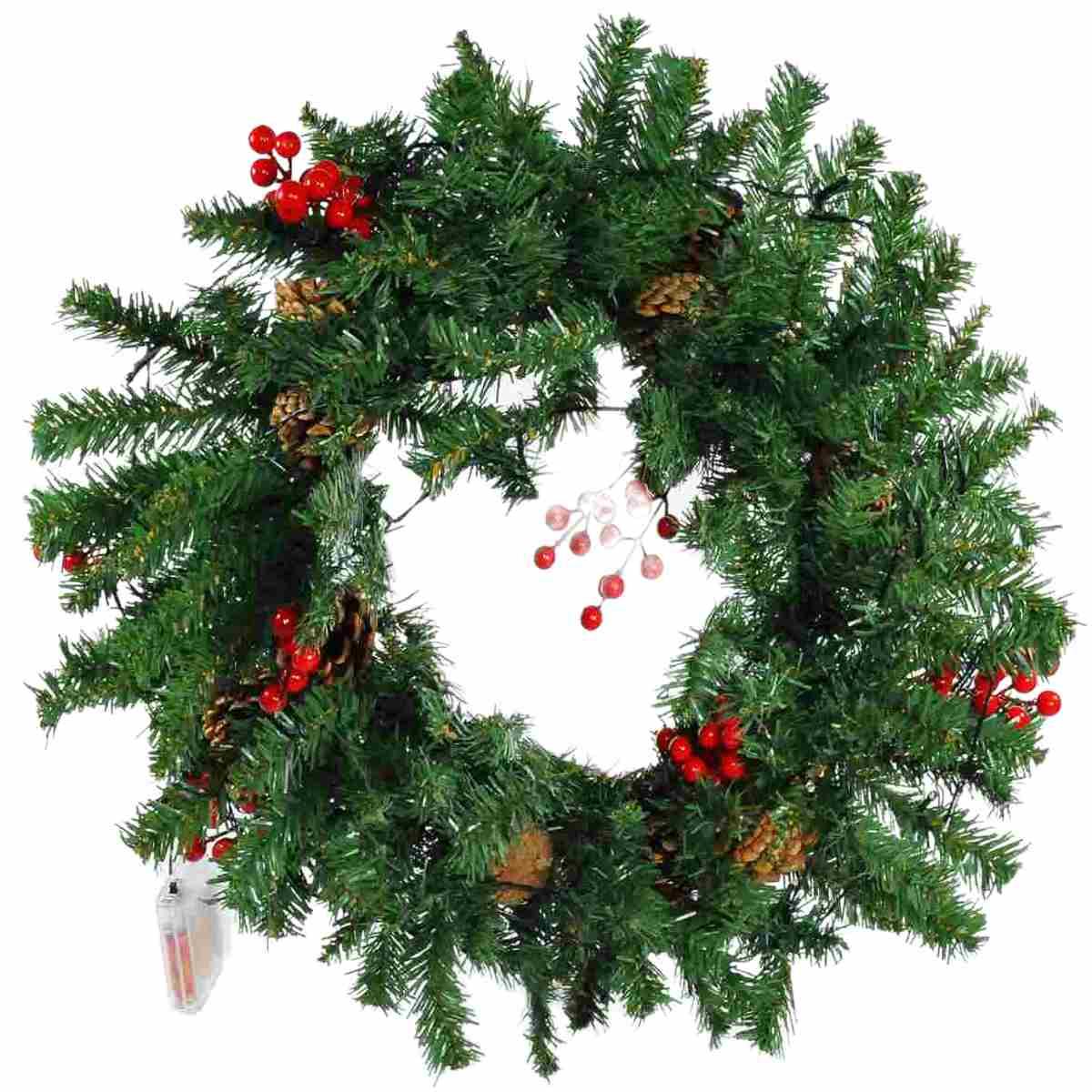 Ghirlanda cm.Ø50 Verde con Bacche Rosse con LED Batteria |Mazzeo