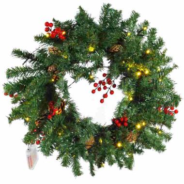 Ghirlanda cm.Ø50 Verde con Bacche Rosse con LED Batteria |Mazzeo