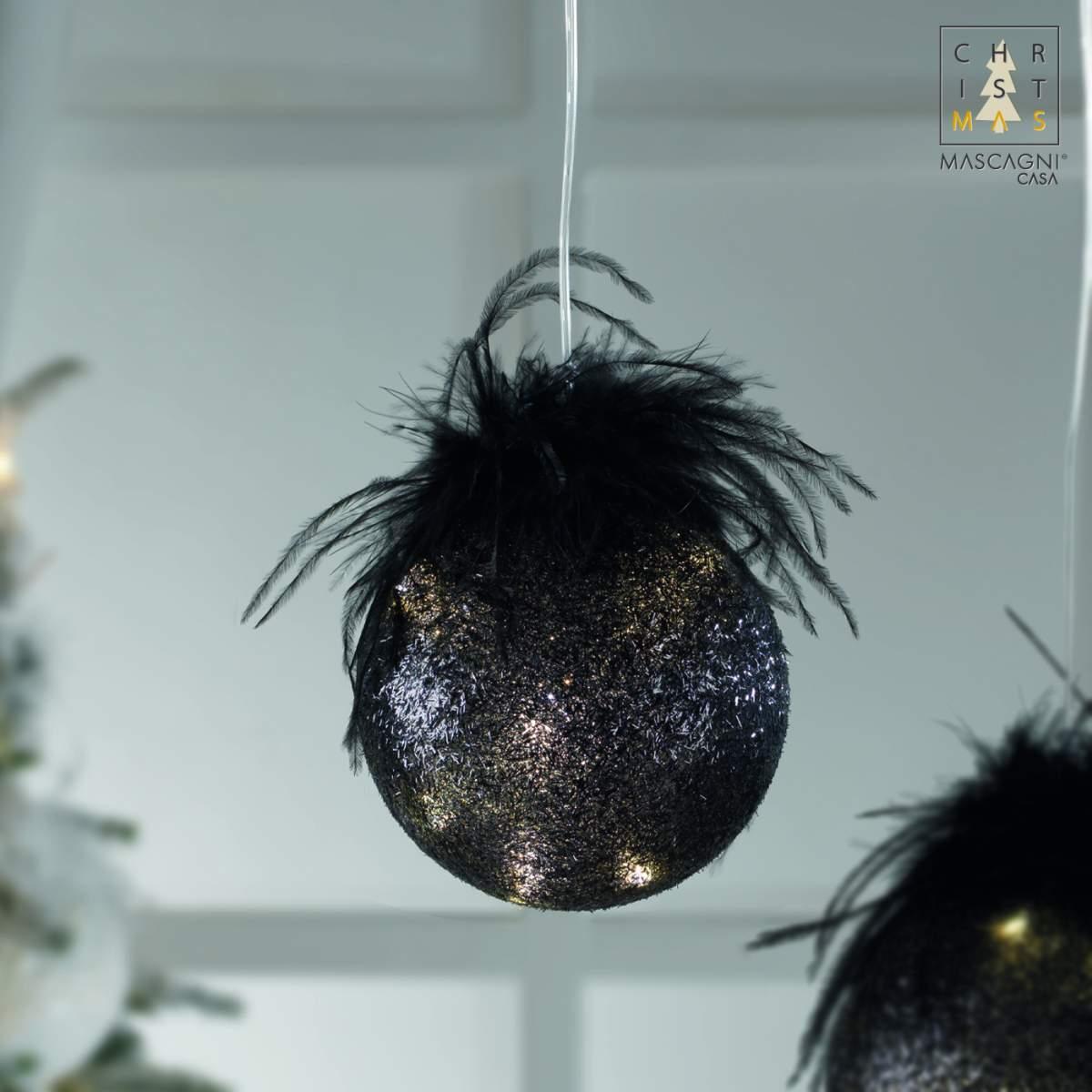 Pallina Natale Vetro cm.Ø10 Nera con Luce LED Batteria |Mascagni