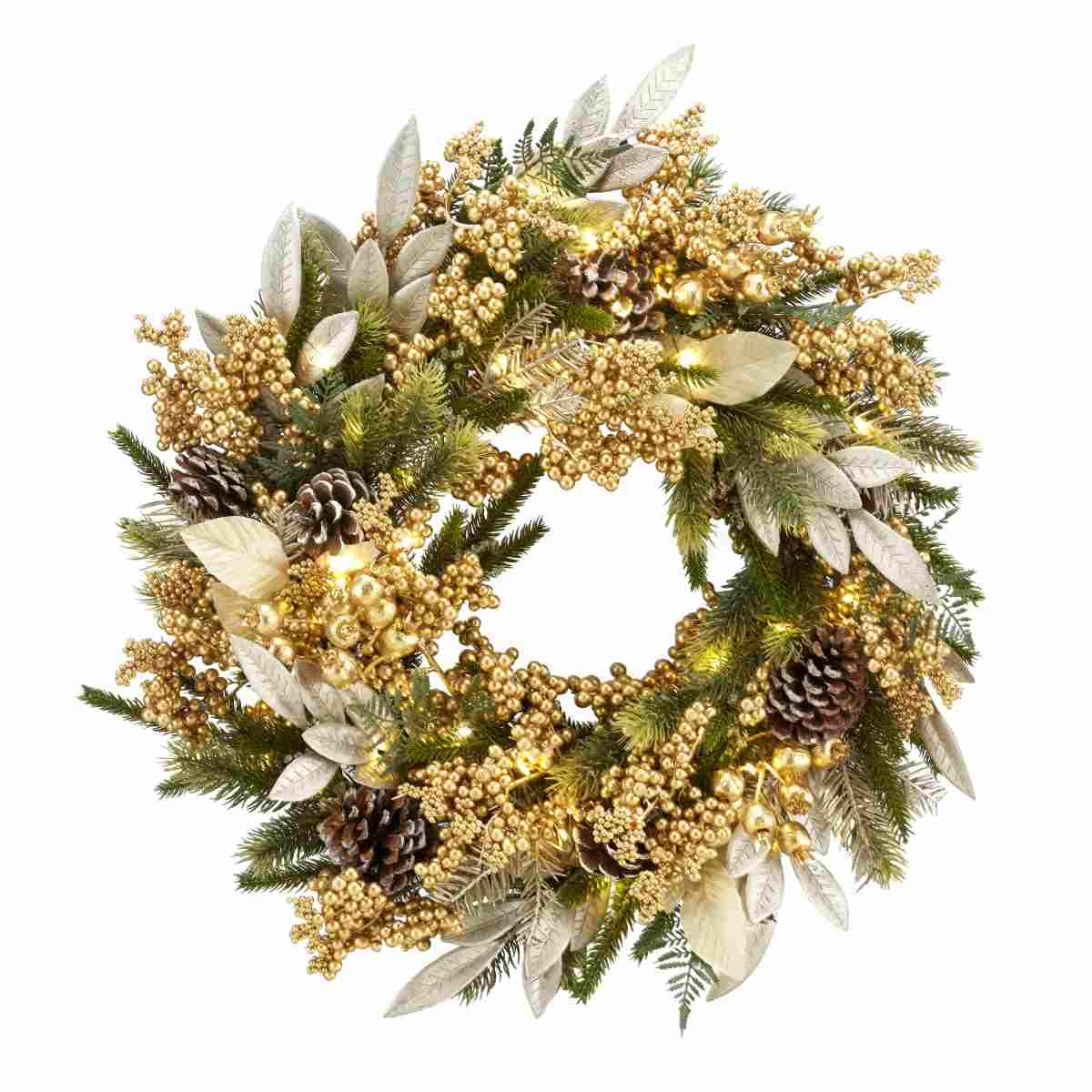 Ghirlanda cm.Ø60 Verde con Bacche e Pigne Oro LED |Fade