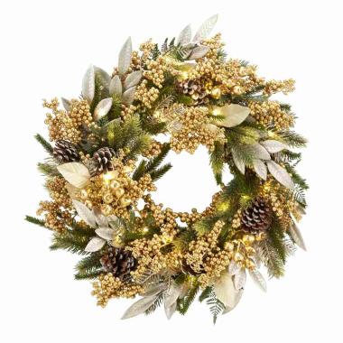 Ghirlanda cm.Ø60 Verde con Bacche e Pigne Oro LED |Fade