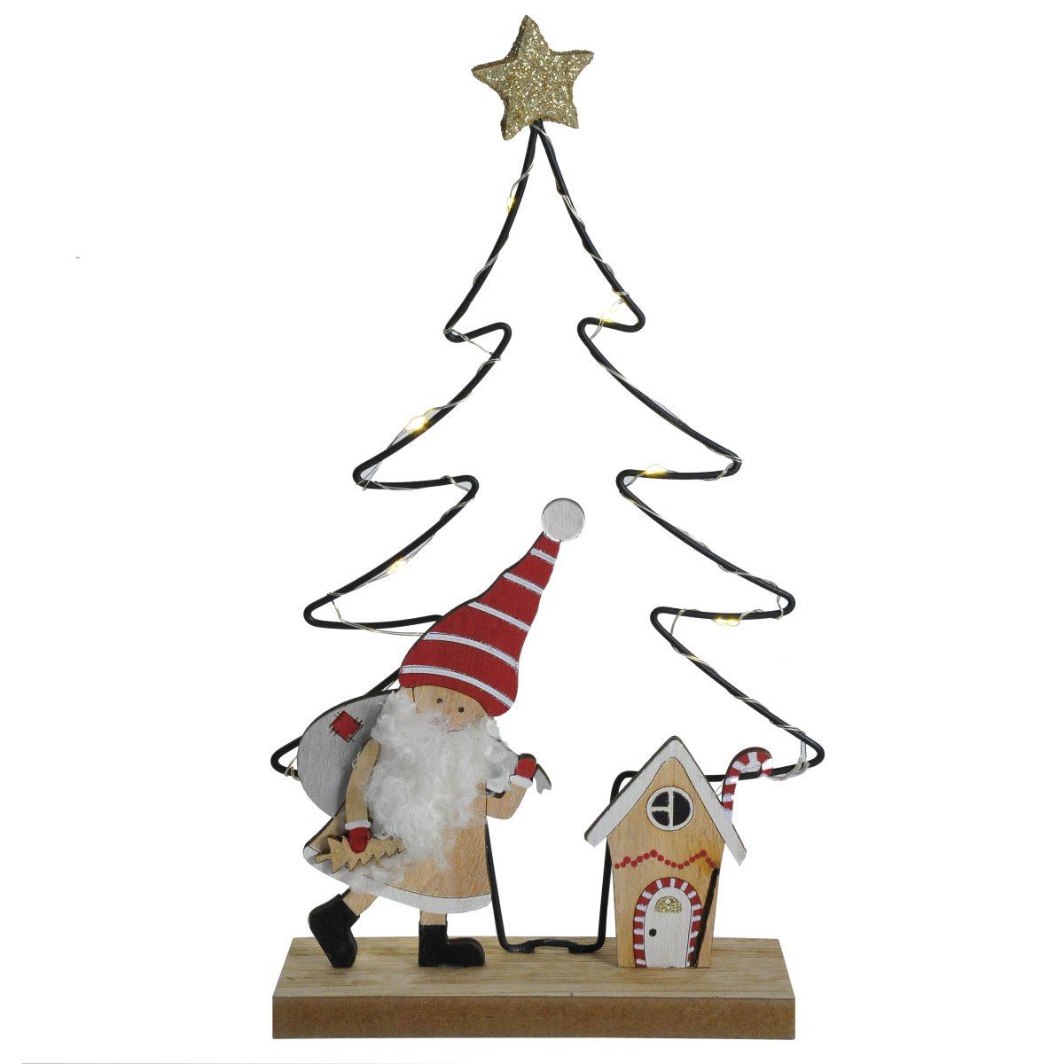 Decorazione Natalizia Albero Legno con Babbo Natale e LED cm.14x29 |Mazzeo