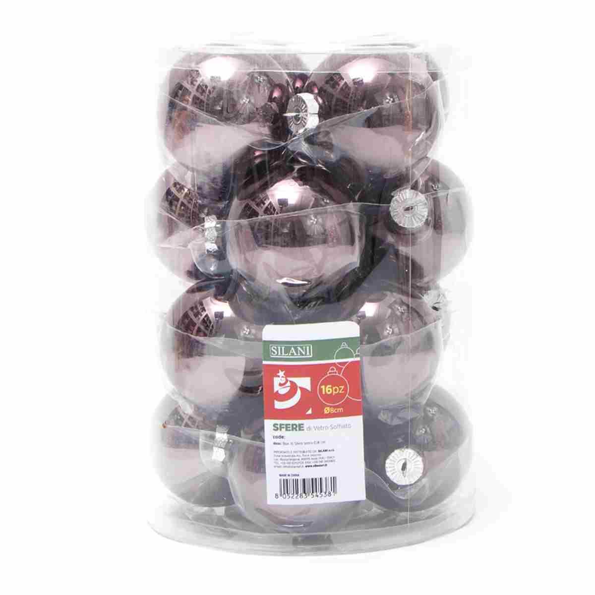 Pallina Natale Vetro cm.Ø8 Grigio Fumè Lucido Set pz.16 |Silani