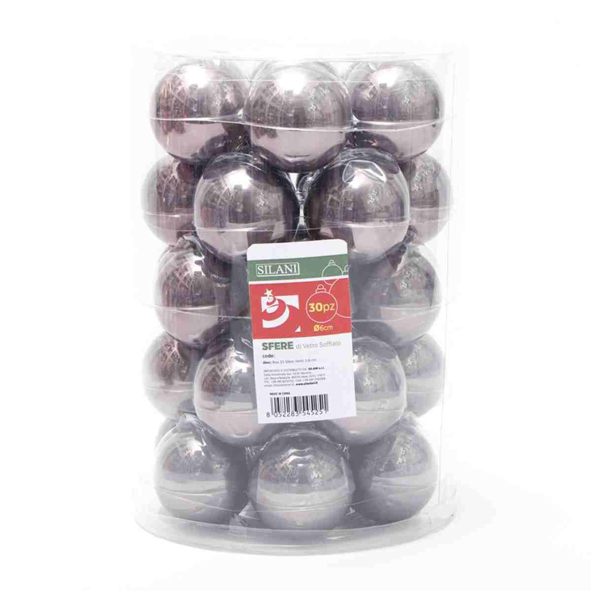 Pallina Natale Vetro cm.Ø6 Grigio Fumè Lucide Set pz.30 |Silani
