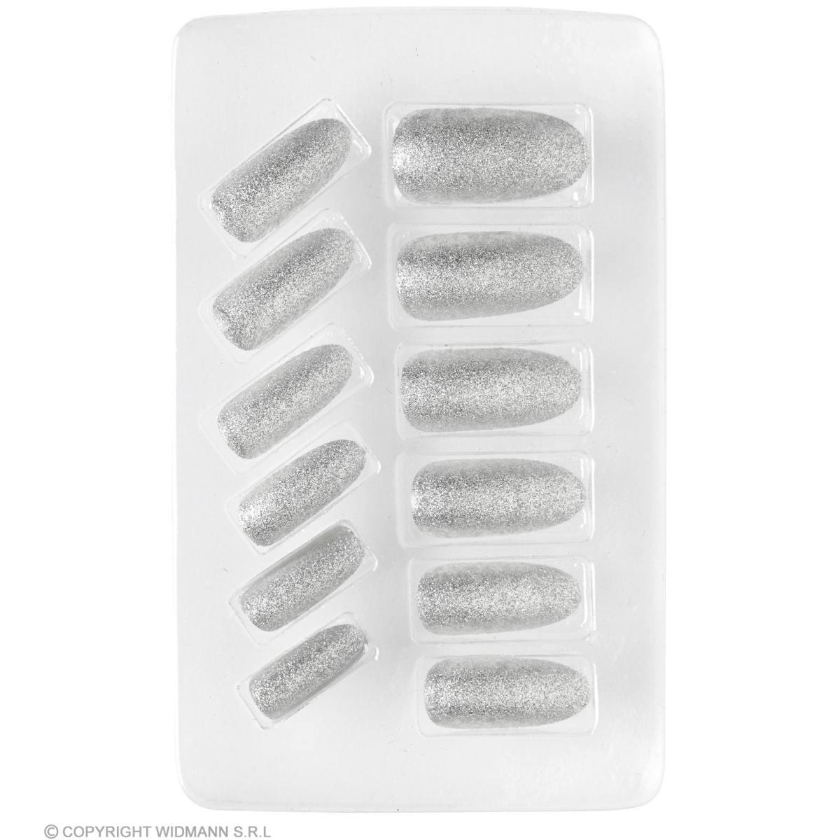 Unghie Adesive Argento Con Glitter Set pz.12 |Widmann