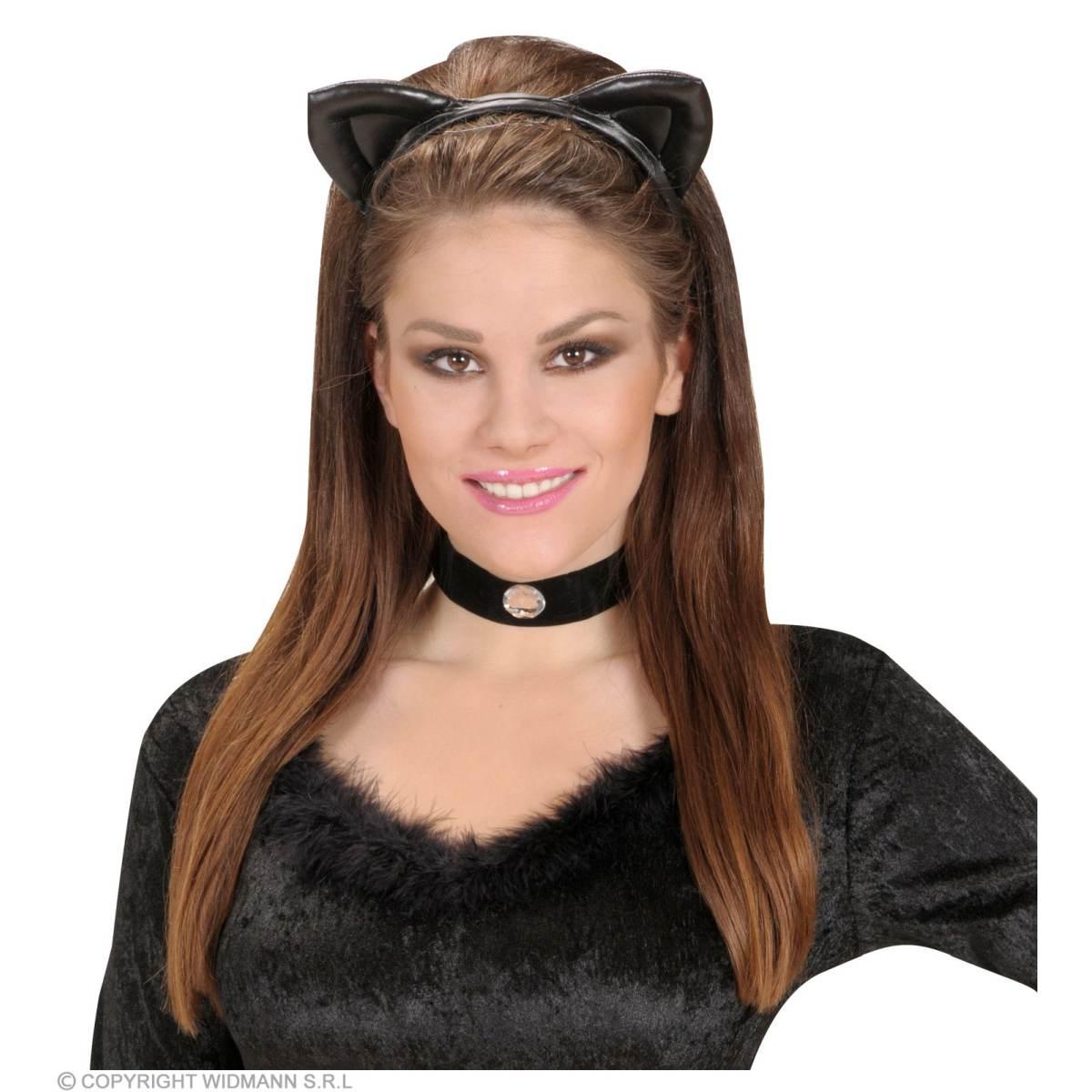 Cerchietto Gatta Nero Con Orecchie Similpelle |Widmann