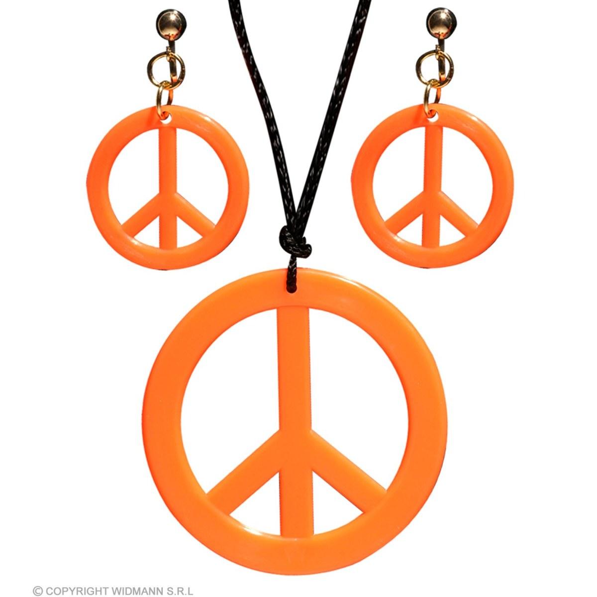 Collana Peace Love Arancione Fluo Con Orecchini |Widmann