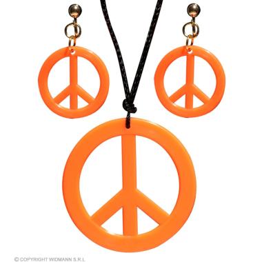 Collana Peace Love Arancione Fluo Con Orecchini |Widmann