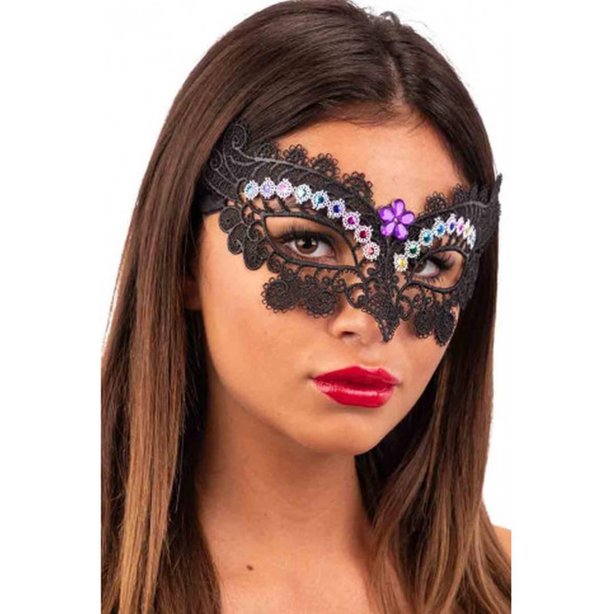 Maschera Viso Tessuto Macrame Nero Con Pietre Colorate |Carnival Toys