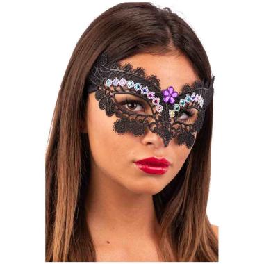 Maschera Viso Tessuto Macrame Nero Con Pietre Colorate |Carnival Toys
